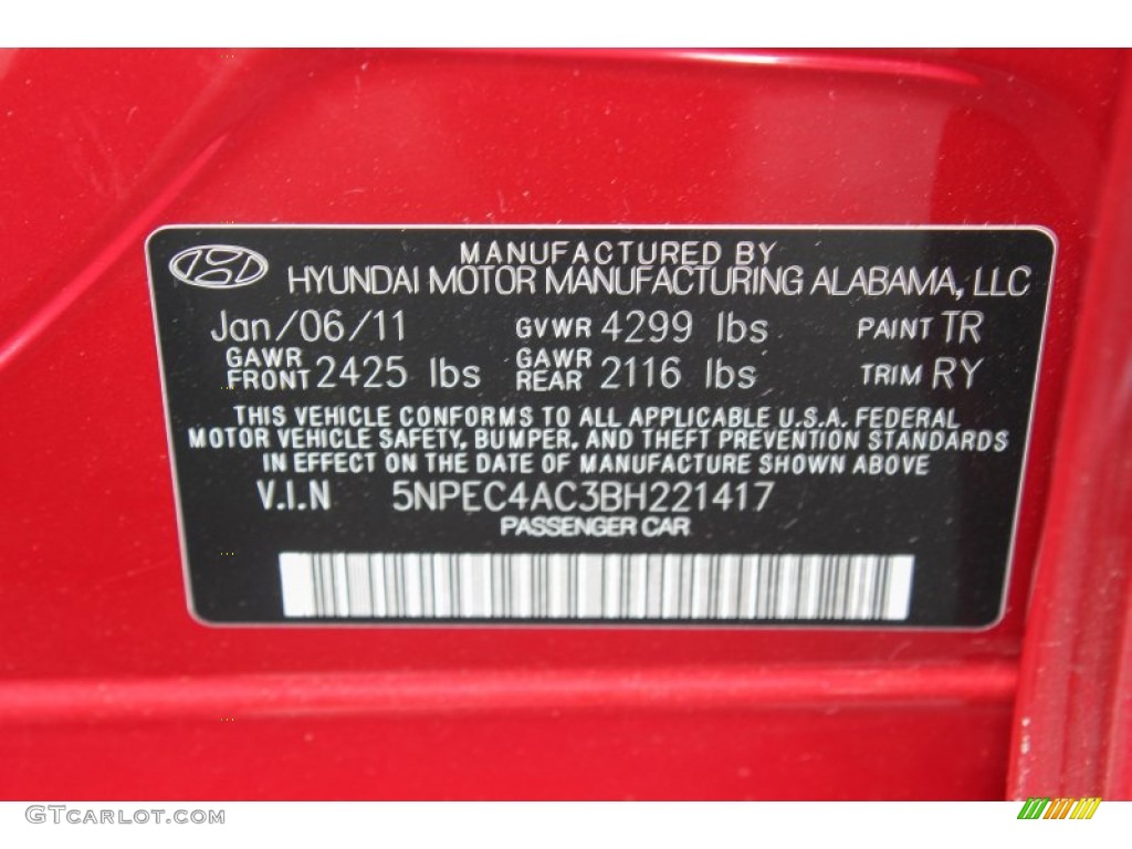 2011 Sonata SE - Venetian Red / Black photo #20
