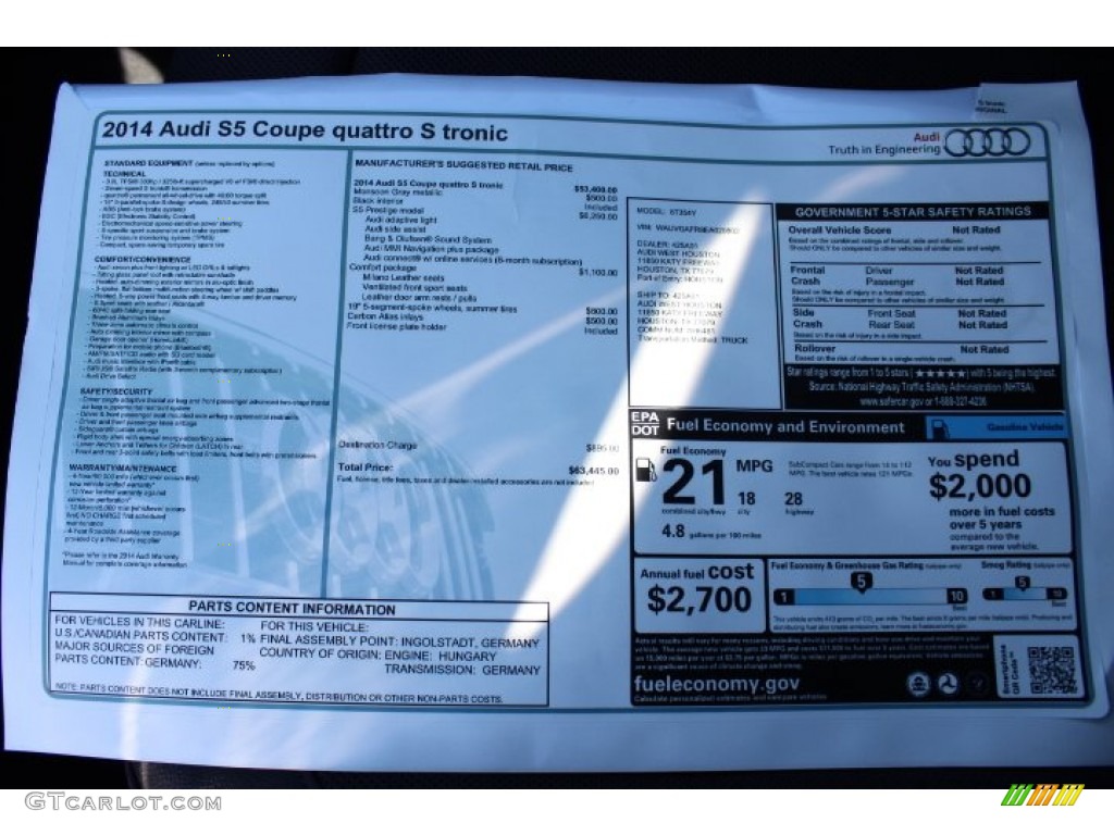 2014 Audi S5 3.0T Prestige quattro Coupe Window Sticker Photo #86941618