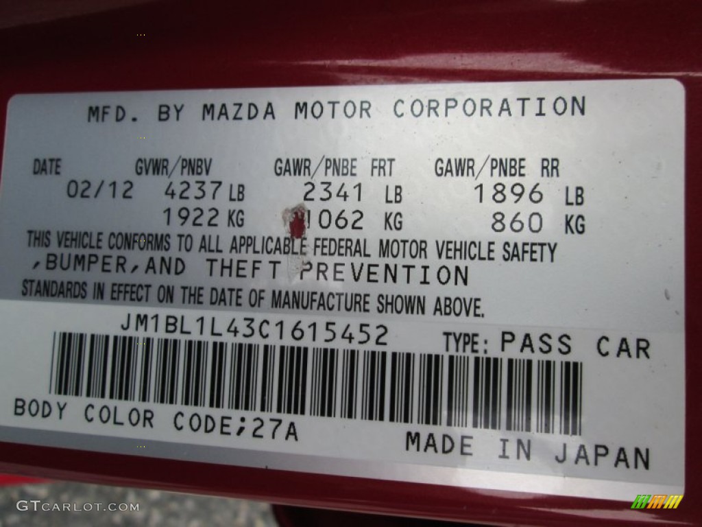 2012 MAZDA3 Color Code 27A for Velocity Red Mica Photo #86947588
