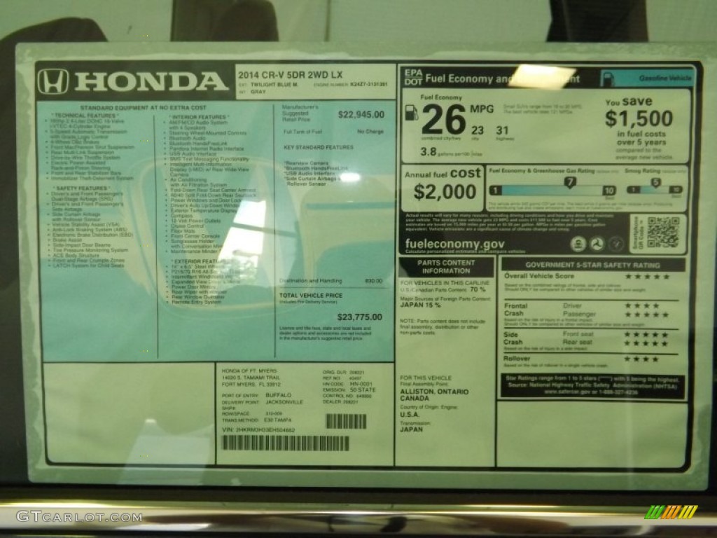 2014 Honda CR-V LX Window Sticker Photo #86956123