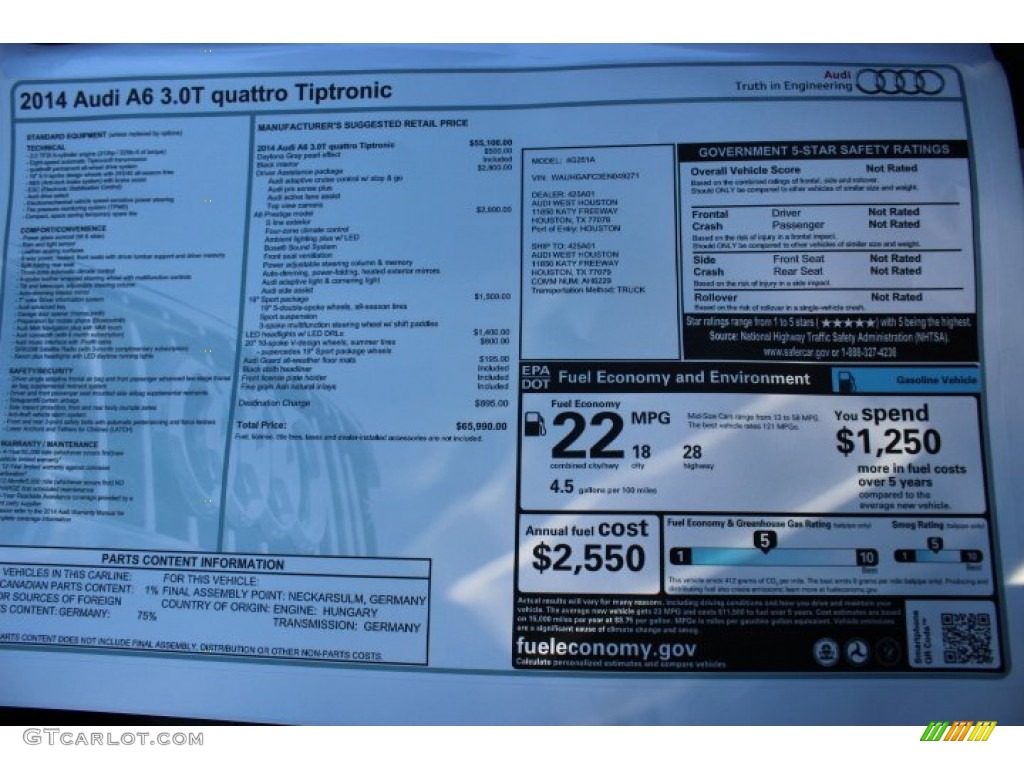 2014 Audi A6 3.0T quattro Sedan Window Sticker Photo #86969443