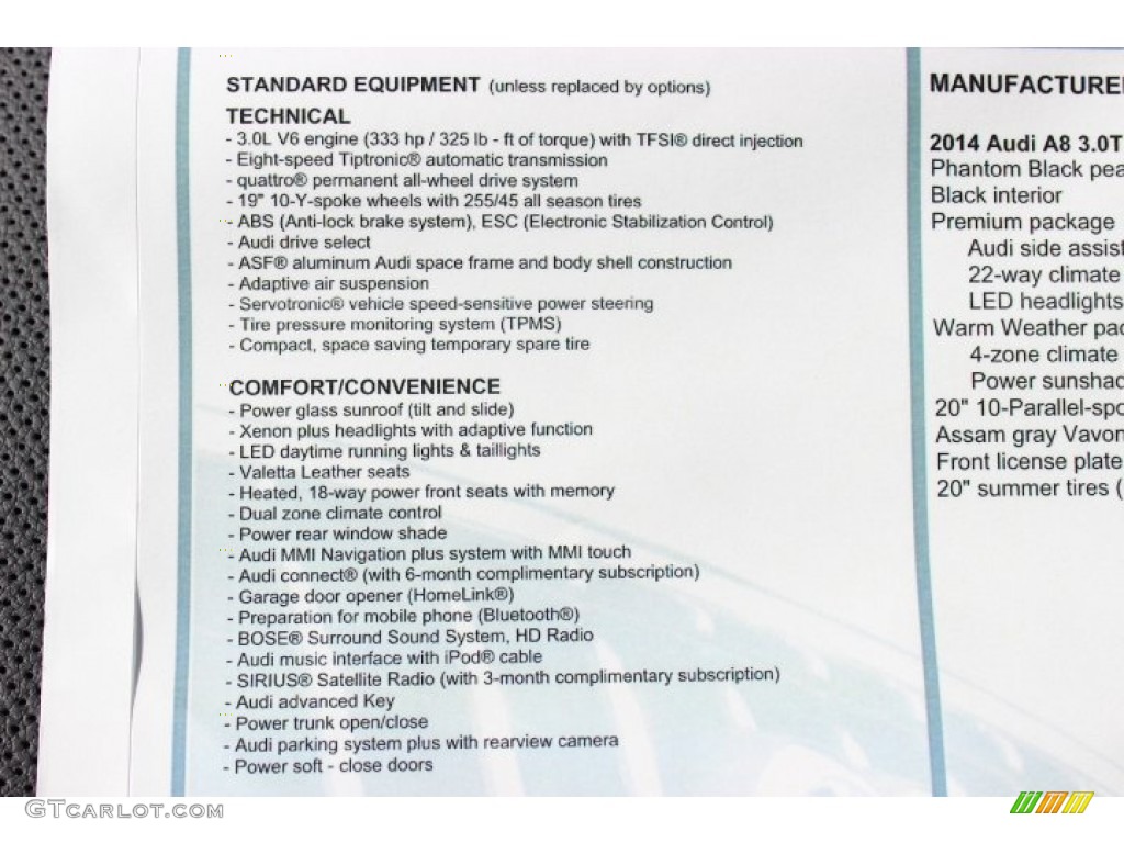 2014 Audi A8 3.0T quattro Window Sticker Photo #86973970