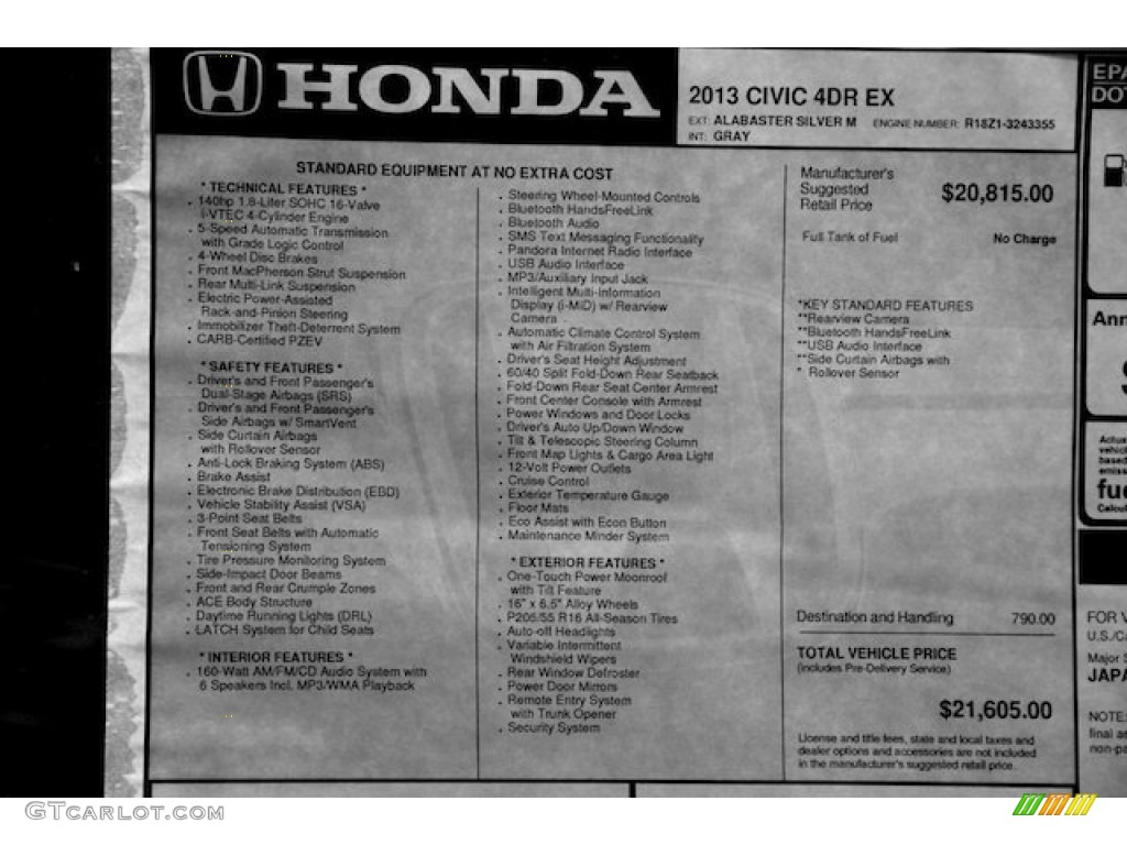 2013 Civic EX Sedan - Alabaster Silver Metallic / Gray photo #16