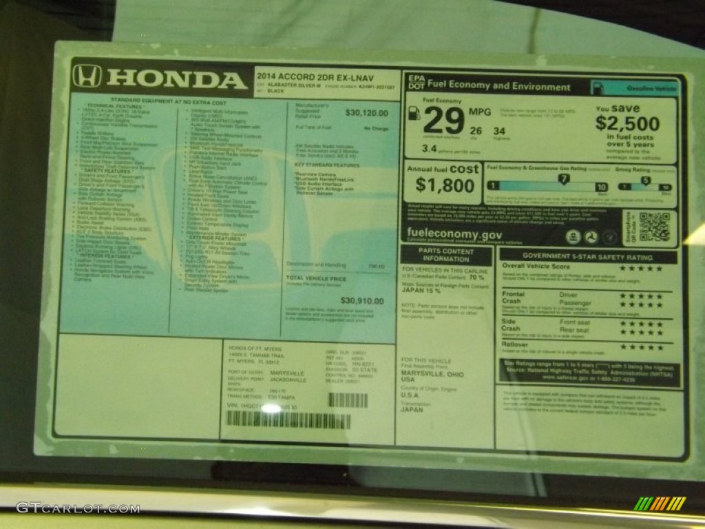 2014 Honda Accord EX-L Coupe Window Sticker Photo #87038279