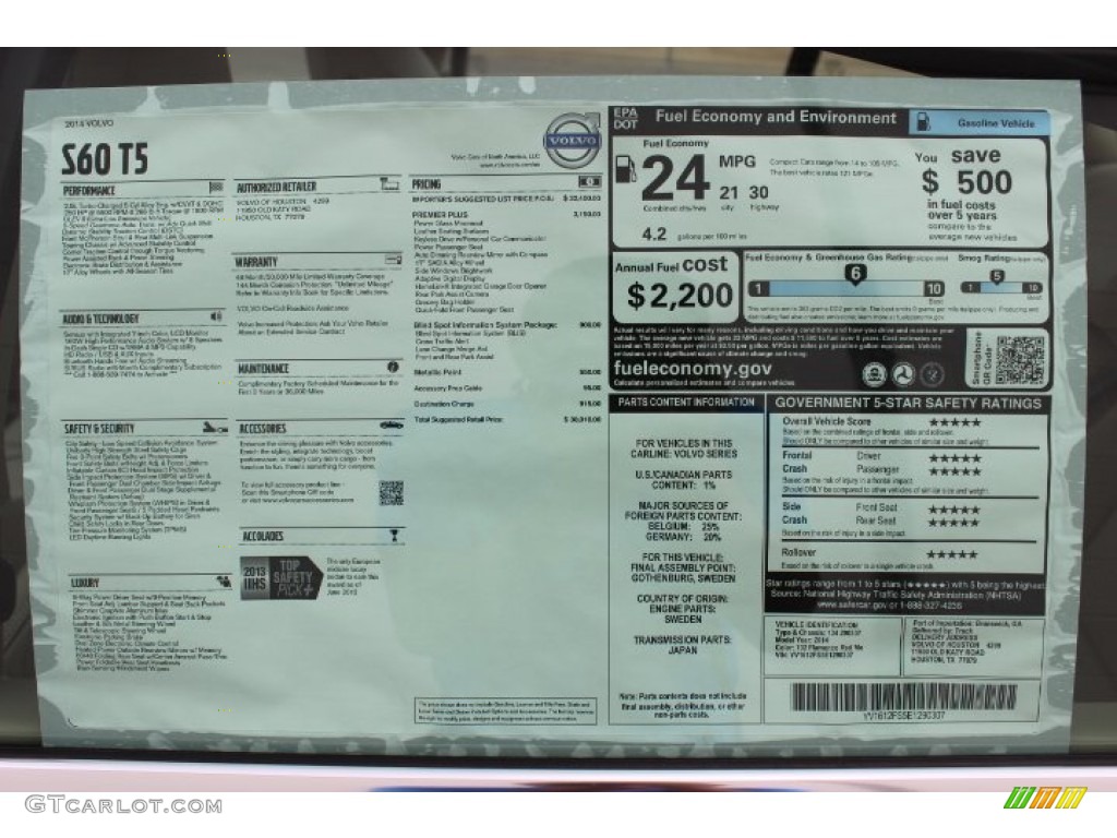 2014 Volvo S60 T5 Window Sticker Photo #87038961