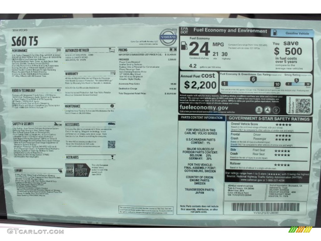 2014 Volvo S60 T5 Window Sticker Photo #87040605