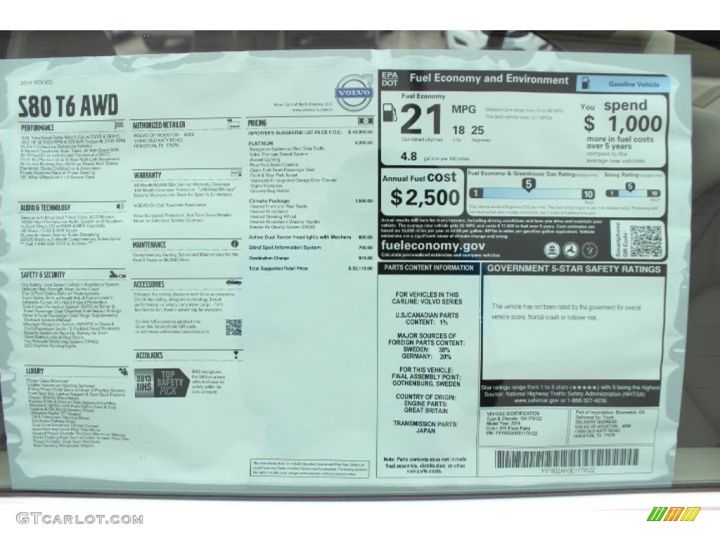 2014 Volvo S80 T6 AWD Platinum Window Sticker Photo #87041496