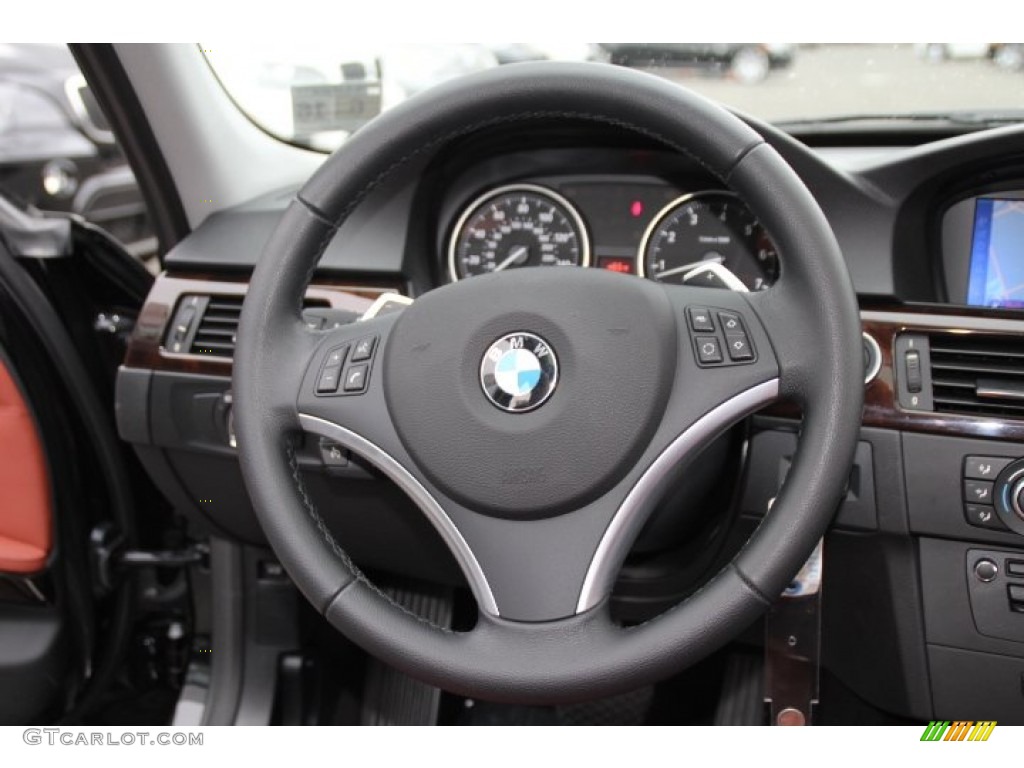 2011 BMW 3 Series 328i xDrive Sedan Coral Red/Black Dakota Leather Steering Wheel Photo #87079616