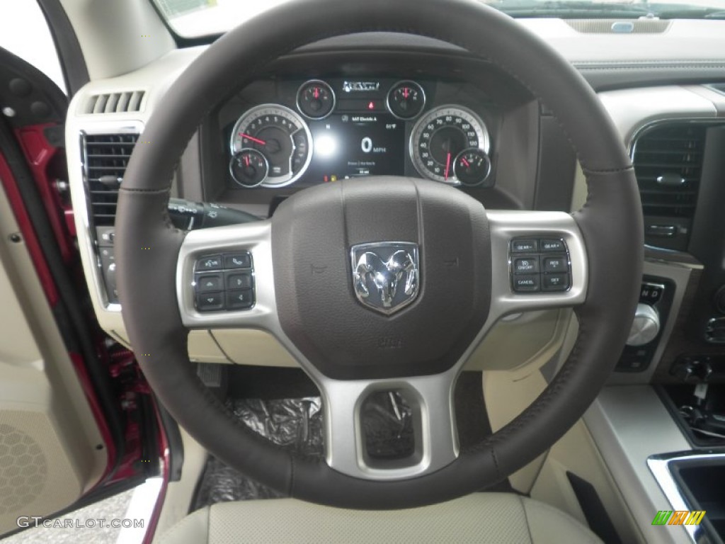 2014 Ram 1500 Laramie Crew Cab 4x4 Canyon Brown/Light Frost Beige Steering Wheel Photo #87098775