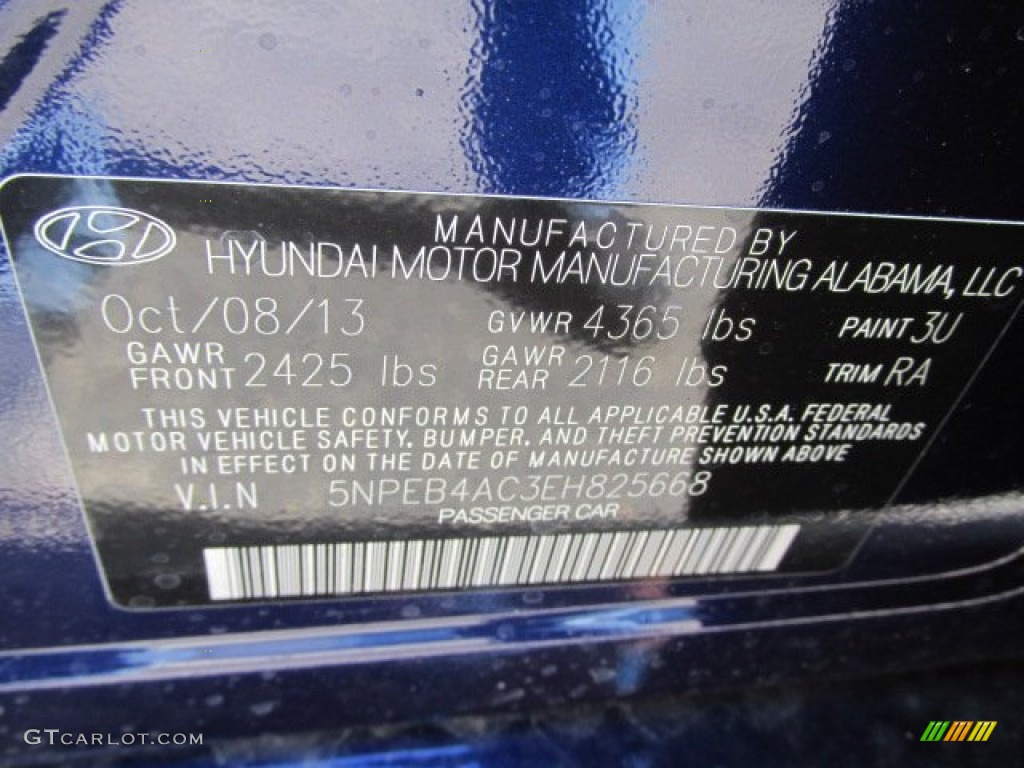 2014 Sonata Color Code 3U for Indigo Blue Pearl Photo #87115062