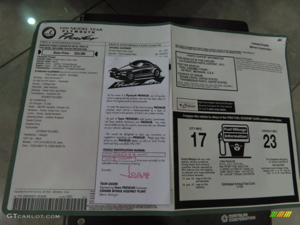 1999 Plymouth Prowler Roadster Window Sticker Photo #87118233