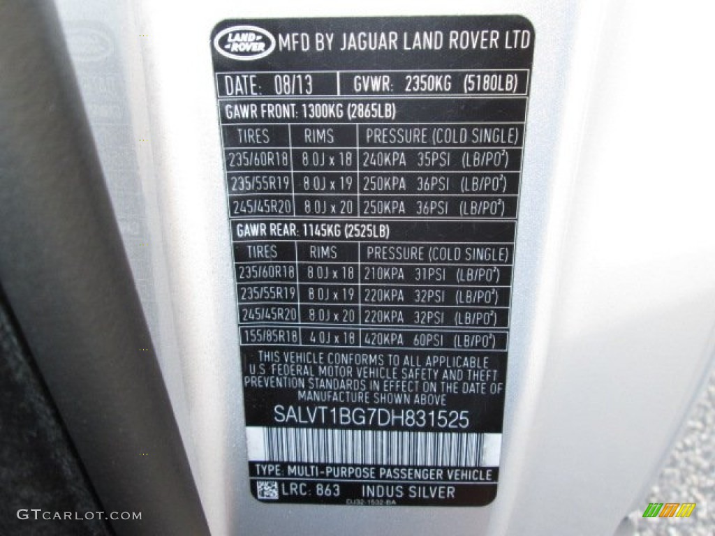 2013 Range Rover Evoque Color Code 863 for Indus Silver Metallic Photo #87137868