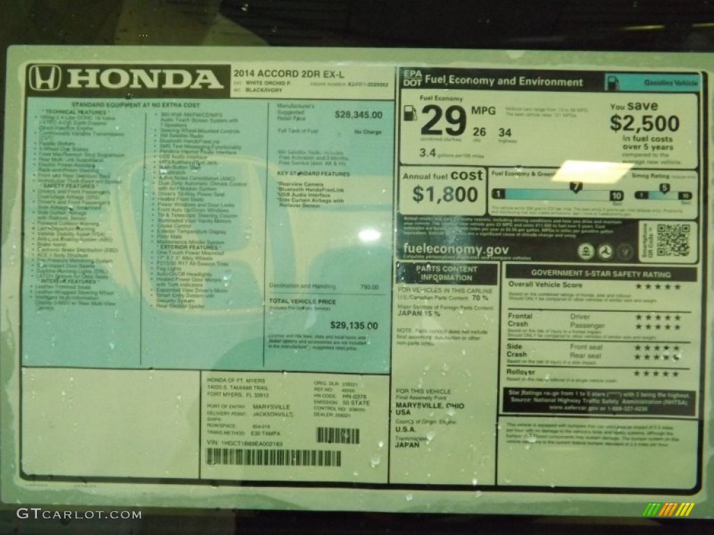 2014 Honda Accord EX-L Coupe Window Sticker Photo #87177441