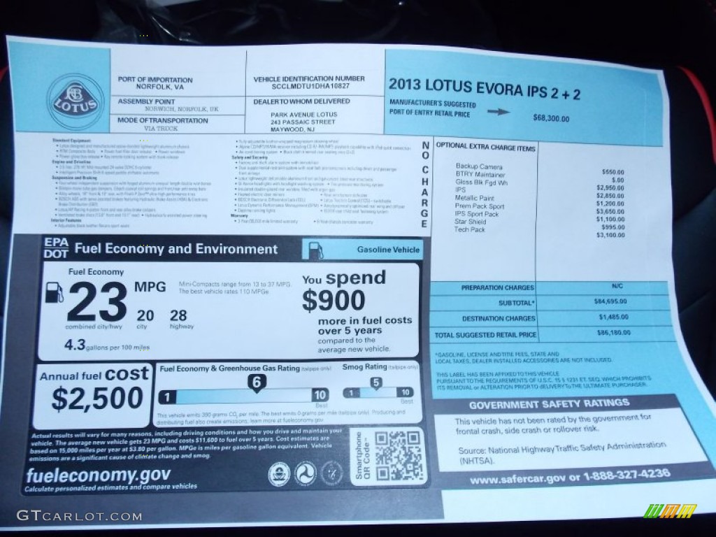 2013 Lotus Evora 2+2 Window Sticker Photo #87185475