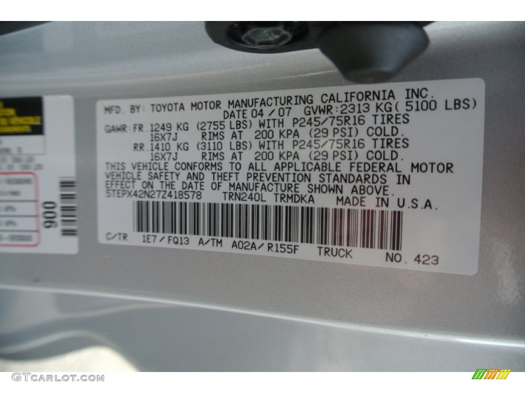 2007 Tacoma Color Code 1E7 for Silver Streak Mica Photo #87201534