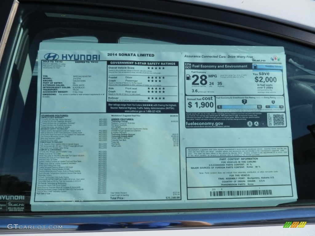2014 Sonata Limited - Pearl White / Black photo #35