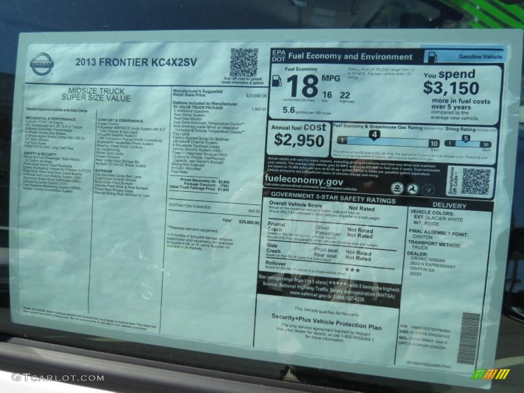 2013 Nissan Frontier SV King Cab Window Sticker Photo #87213381