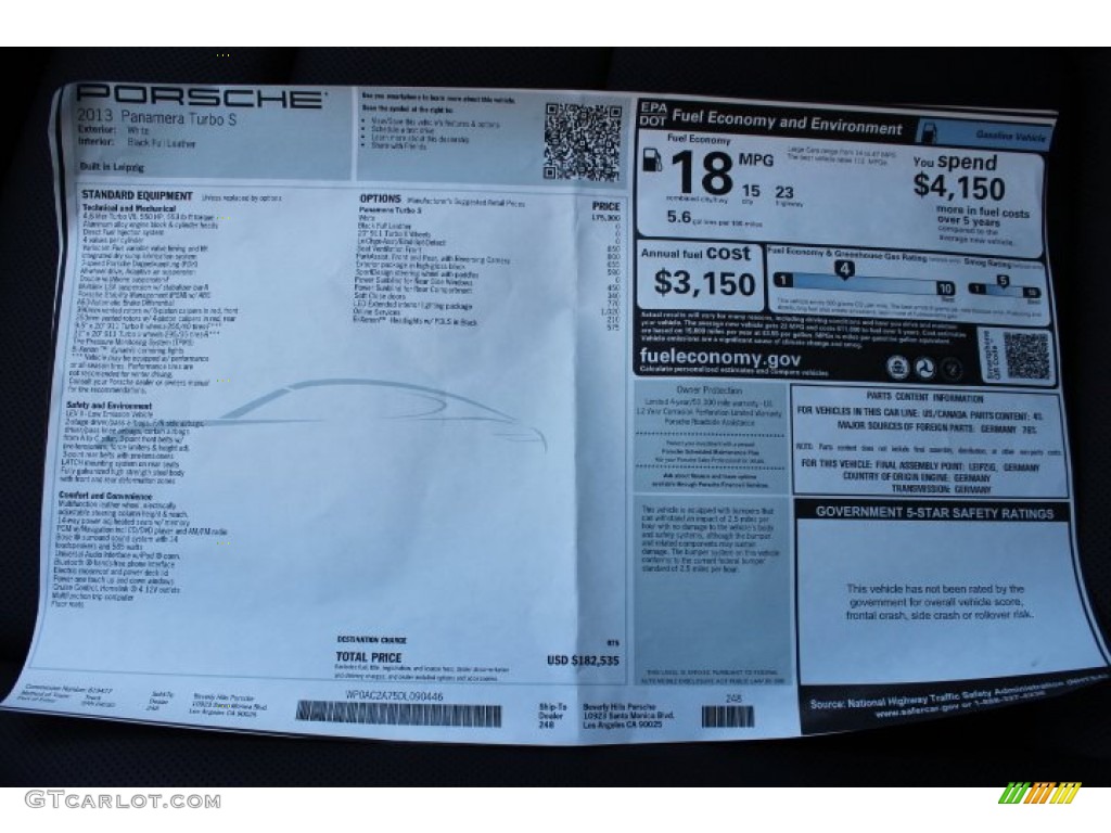 2013 Porsche Panamera Turbo S Window Sticker Photo #87233730