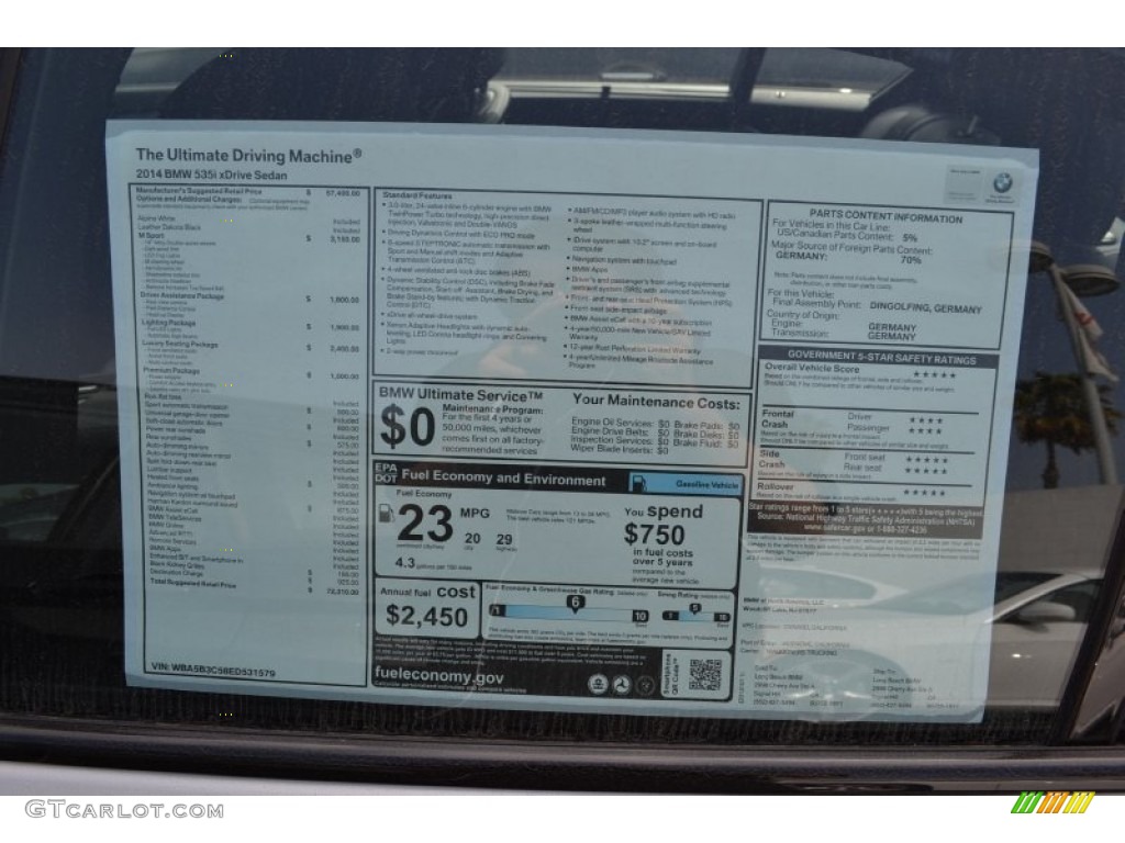 2014 BMW 5 Series 535i Sedan Window Sticker Photo #87235180