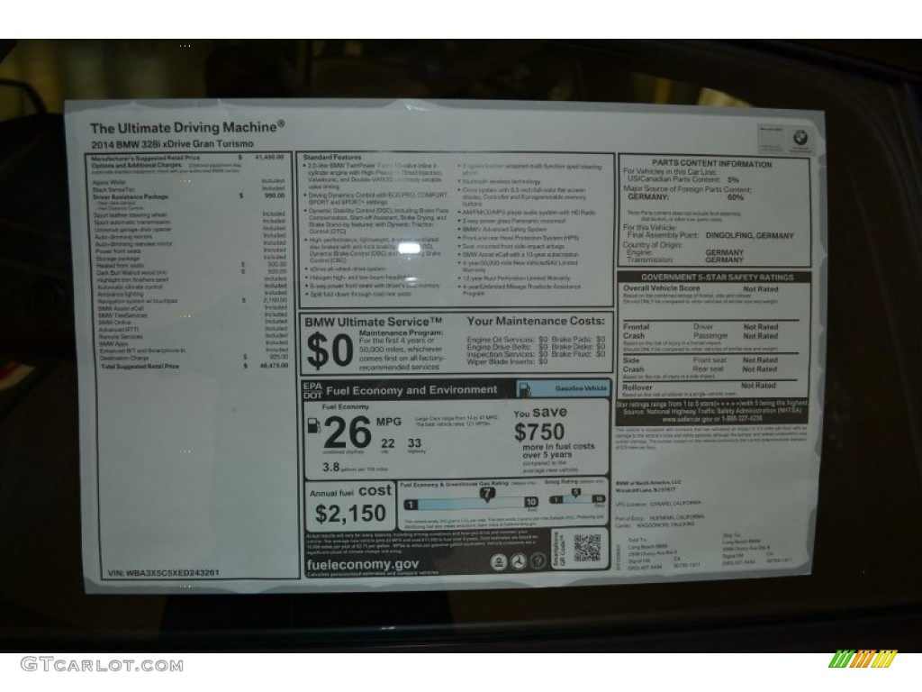 2014 BMW 3 Series 328i xDrive Gran Turismo Window Sticker Photo #87235788