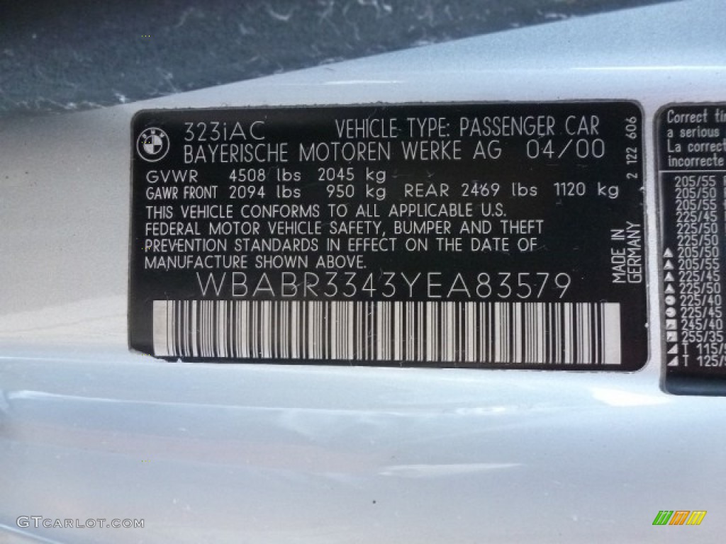 2000 BMW 3 Series 323i Convertible Info Tag Photos