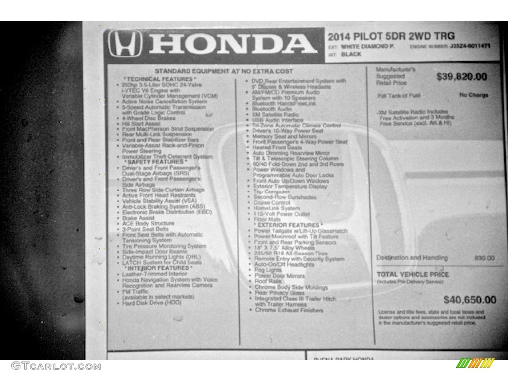 2014 Honda Pilot Touring Window Sticker Photo #87279504