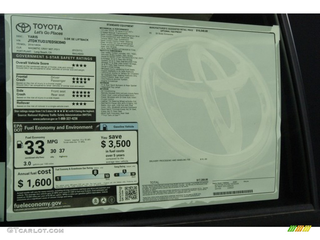 2014 Toyota Yaris SE 5 Door Window Sticker Photo #87296124
