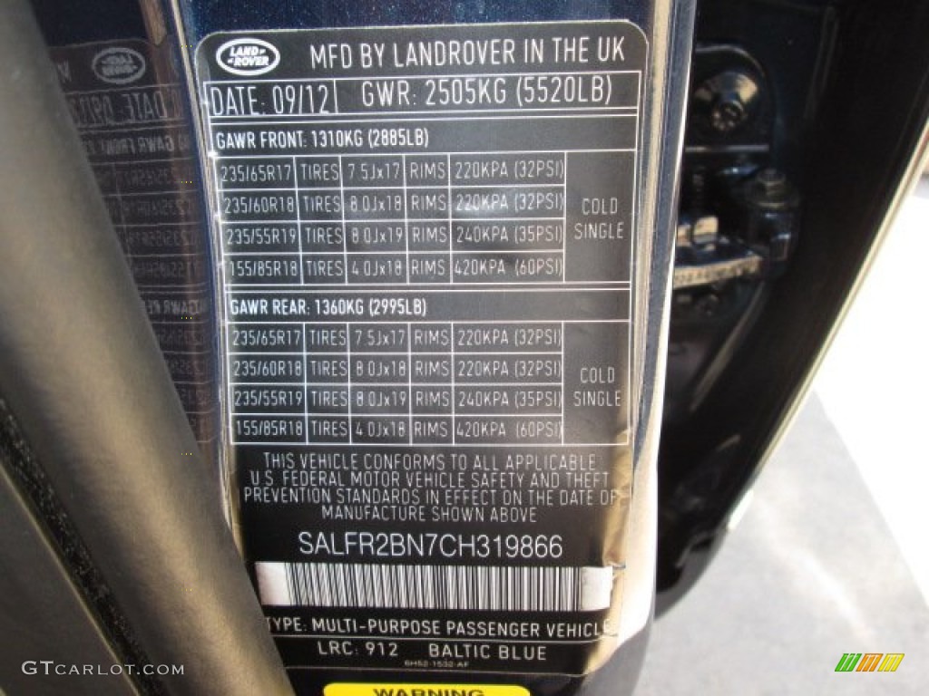 2012 LR2 Color Code 912 for Baltic Blue Metallic Photo #87306215