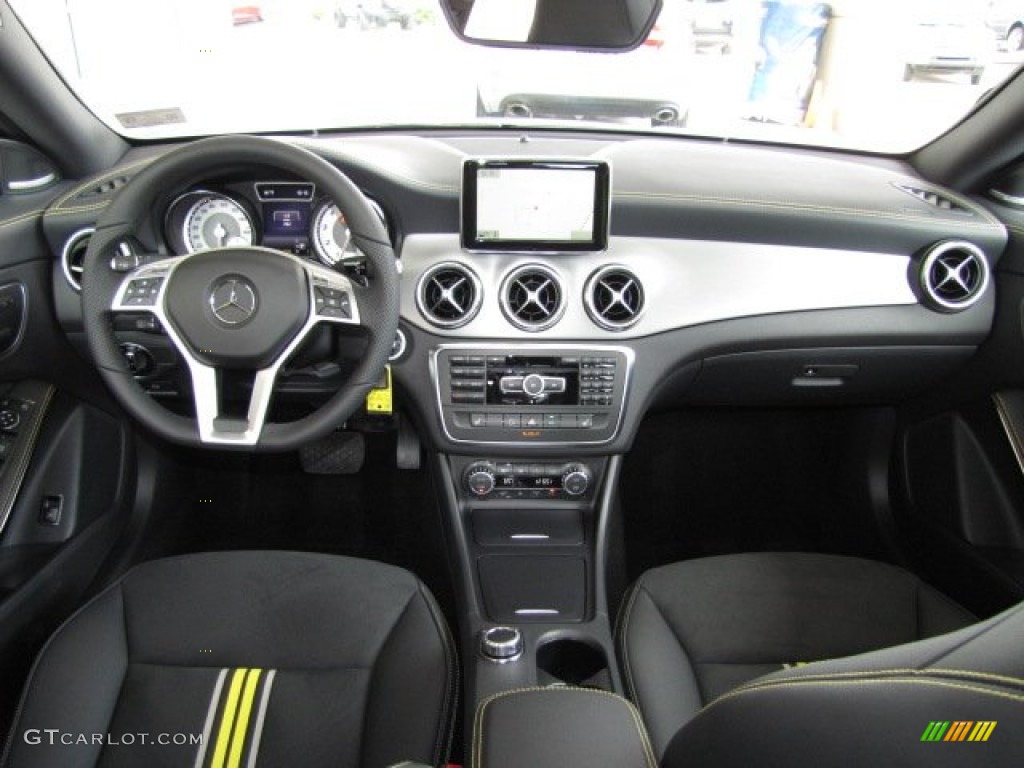 2014 Mercedes-Benz CLA Edition 1 Neon Art Black/DINAMICA w/Yellow Stitching Dashboard Photo #87313330