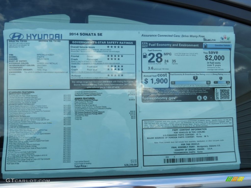 2014 Hyundai Sonata SE Window Sticker Photo #87337813