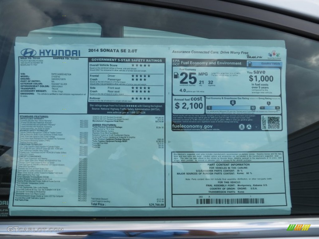 2014 Hyundai Sonata SE 2.0T Window Sticker Photo #87338911
