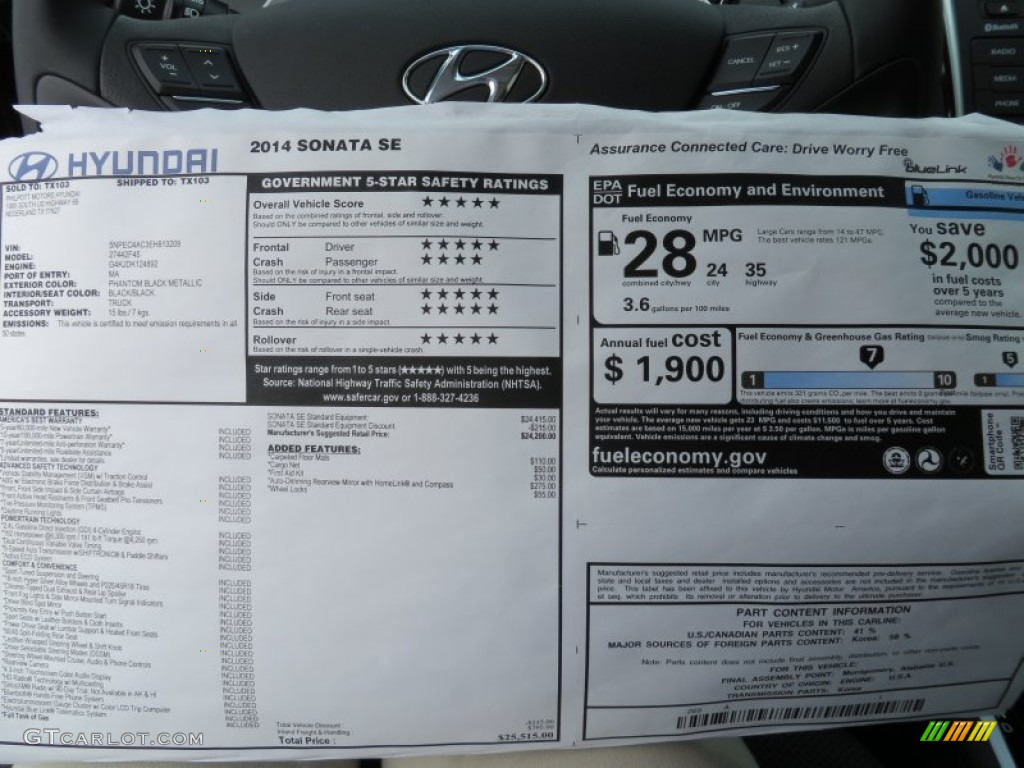 2014 Hyundai Sonata SE Window Sticker Photo #87340459