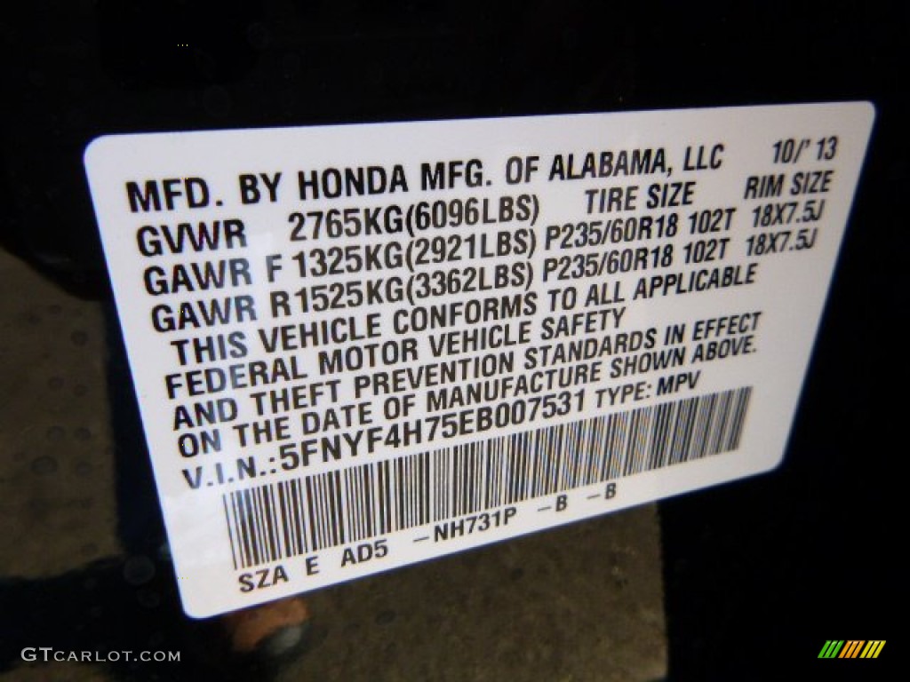 2014 Pilot Color Code NH731P for Crystal Black Pearl Photo #87369382