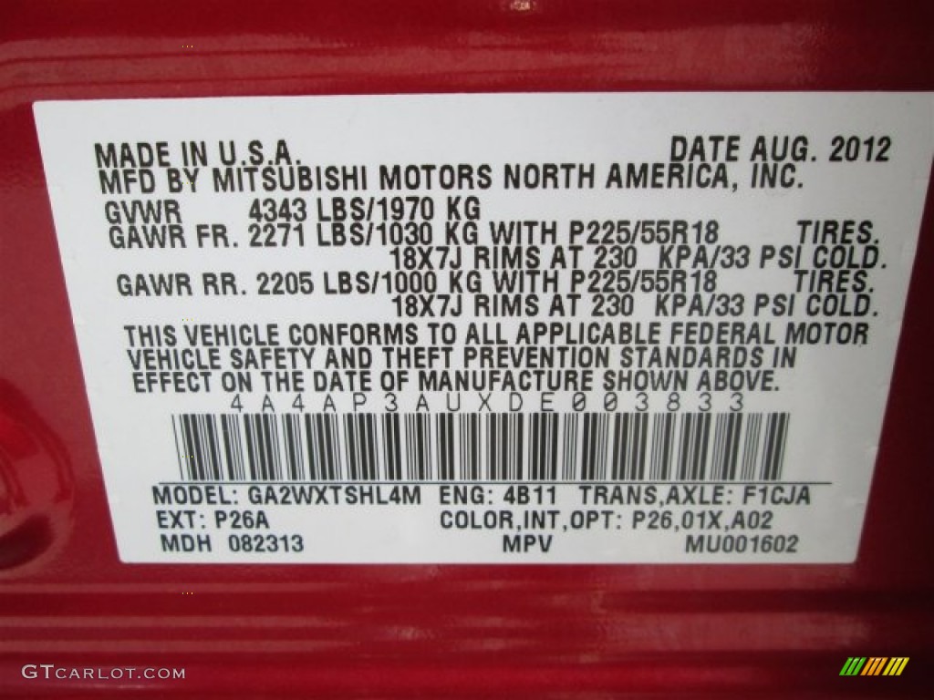 2013 Outlander Sport Color Code P26A for Rally Red Metallic Photo #87371557