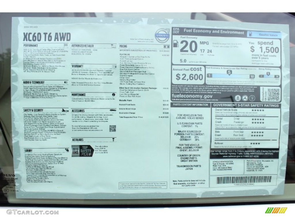 2014 Volvo XC60 T6 AWD Window Sticker Photo #87443225