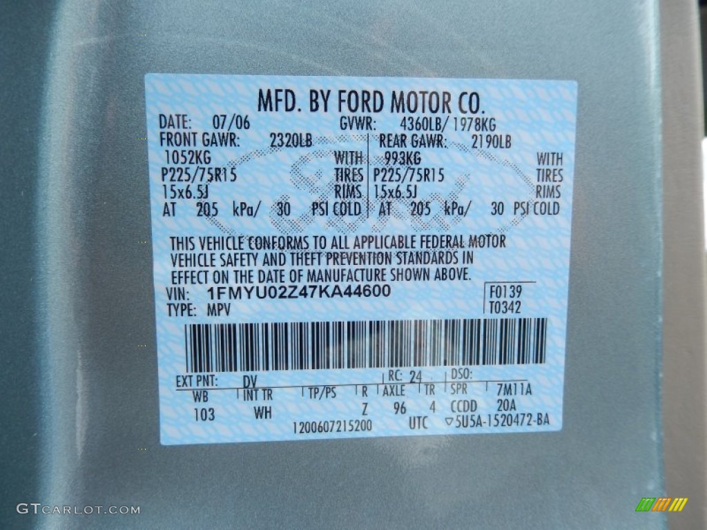 2007 Ford Escape XLS Color Code Photos