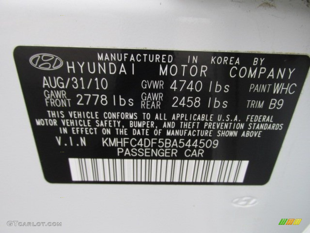 2011 Azera Color Code WHC for Porcelain White Pearl Photo #87455456