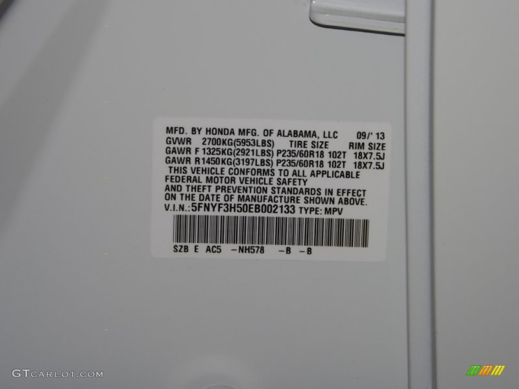 2014 Pilot Color Code NH578 for Taffeta White Photo #87463967