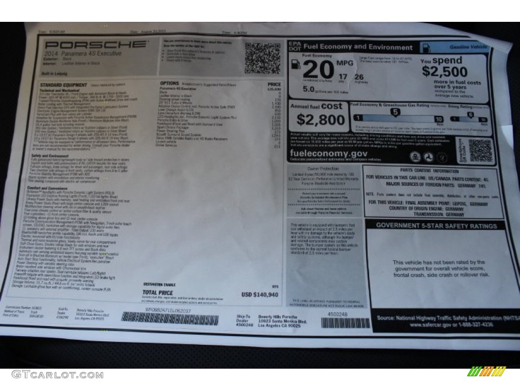 2014 Porsche Panamera 4S Executive Window Sticker Photo #87488285