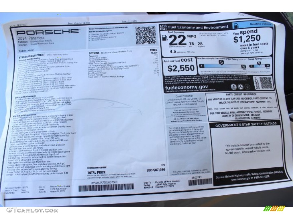 2014 Porsche Panamera Standard Panamera Model Window Sticker Photo #87488846