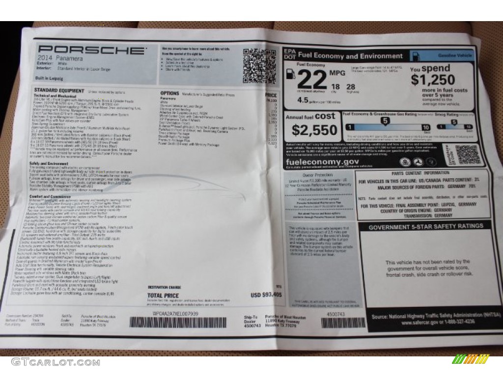 2014 Porsche Panamera 4 Window Sticker Photo #87579994