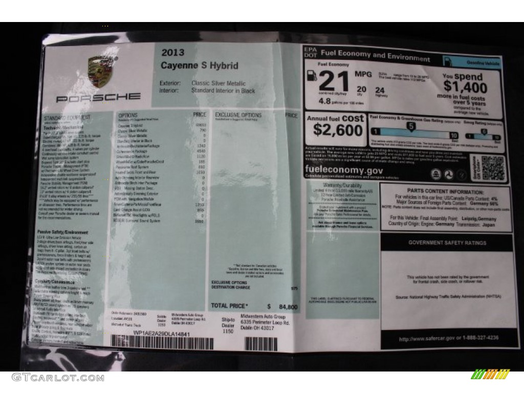 2013 Porsche Cayenne S Hybrid Window Sticker Photo #87583282