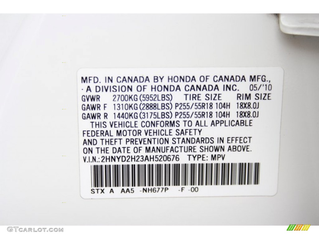2010 Acura MDX Standard MDX Model Color Code Photos