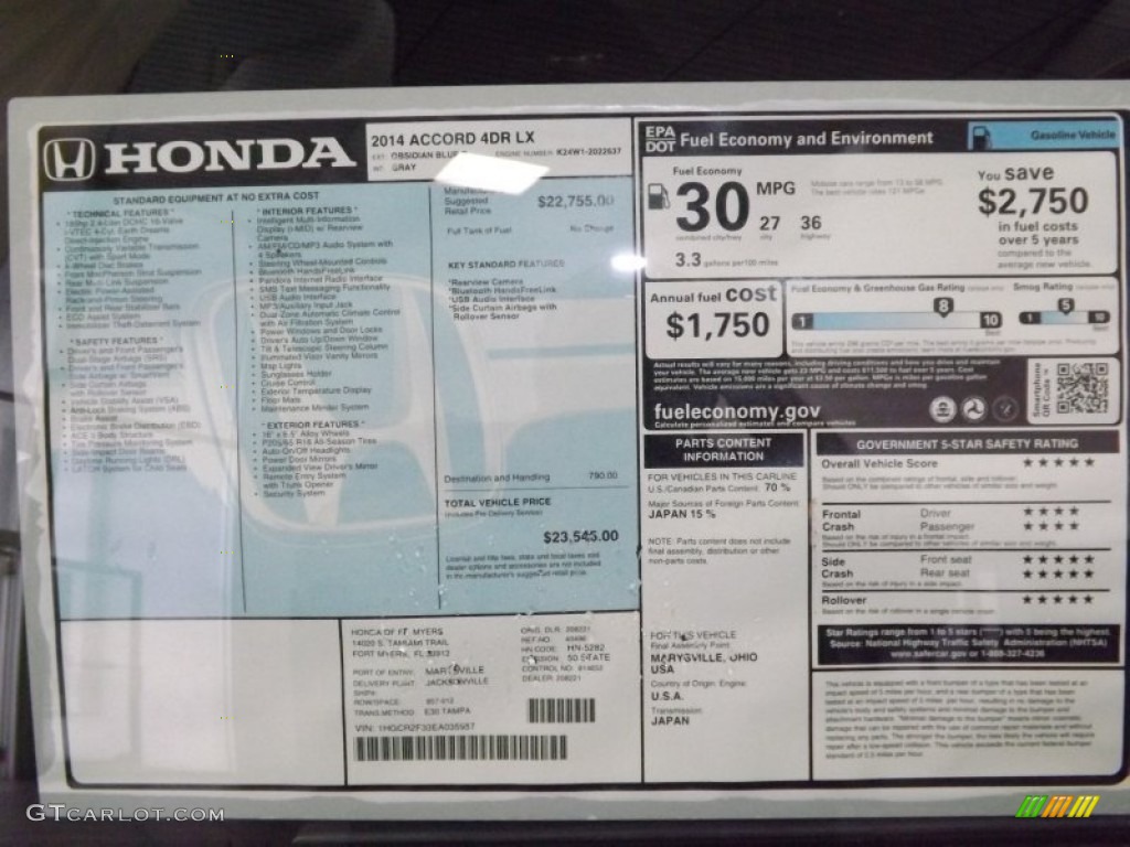2014 Honda Accord LX Sedan Window Sticker Photo #87612991
