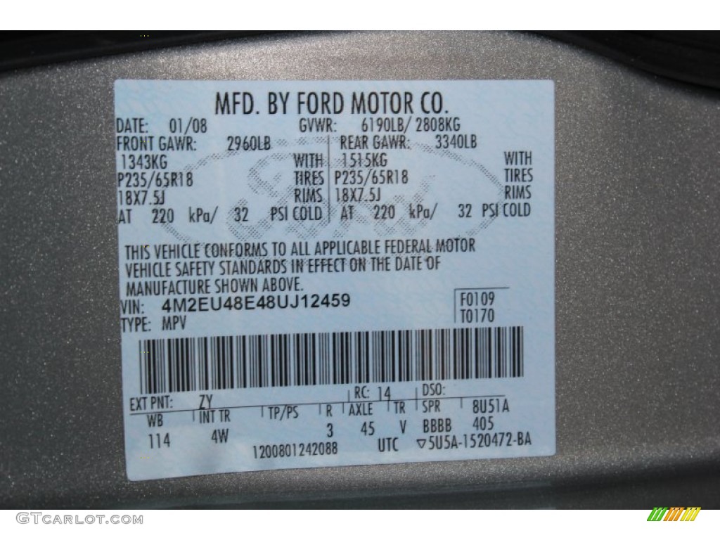 2008 Mercury Mountaineer Premier AWD Color Code Photos