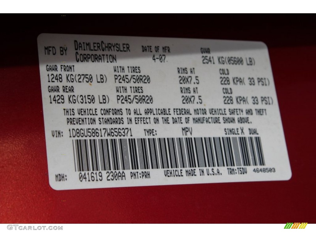 2007 Dodge Nitro R/T 4x4 Color Code Photos