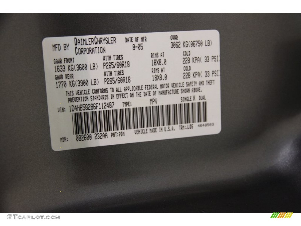 2006 Durango Color Code PDM for Mineral Gray Metallic Photo #87668264