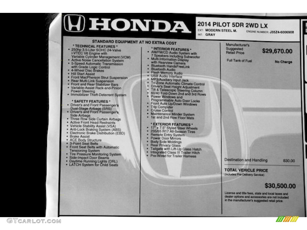 2014 Honda Pilot LX Window Sticker Photos