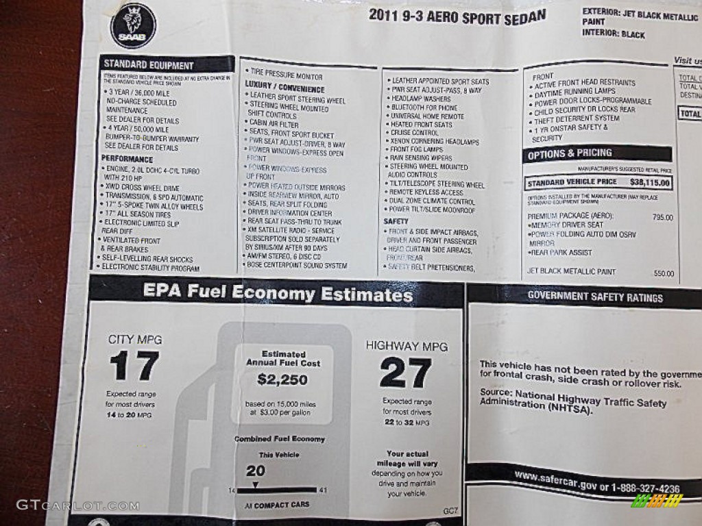 2011 Saab 9-3 Aero Sport Sedan XWD Window Sticker Photo #87682871