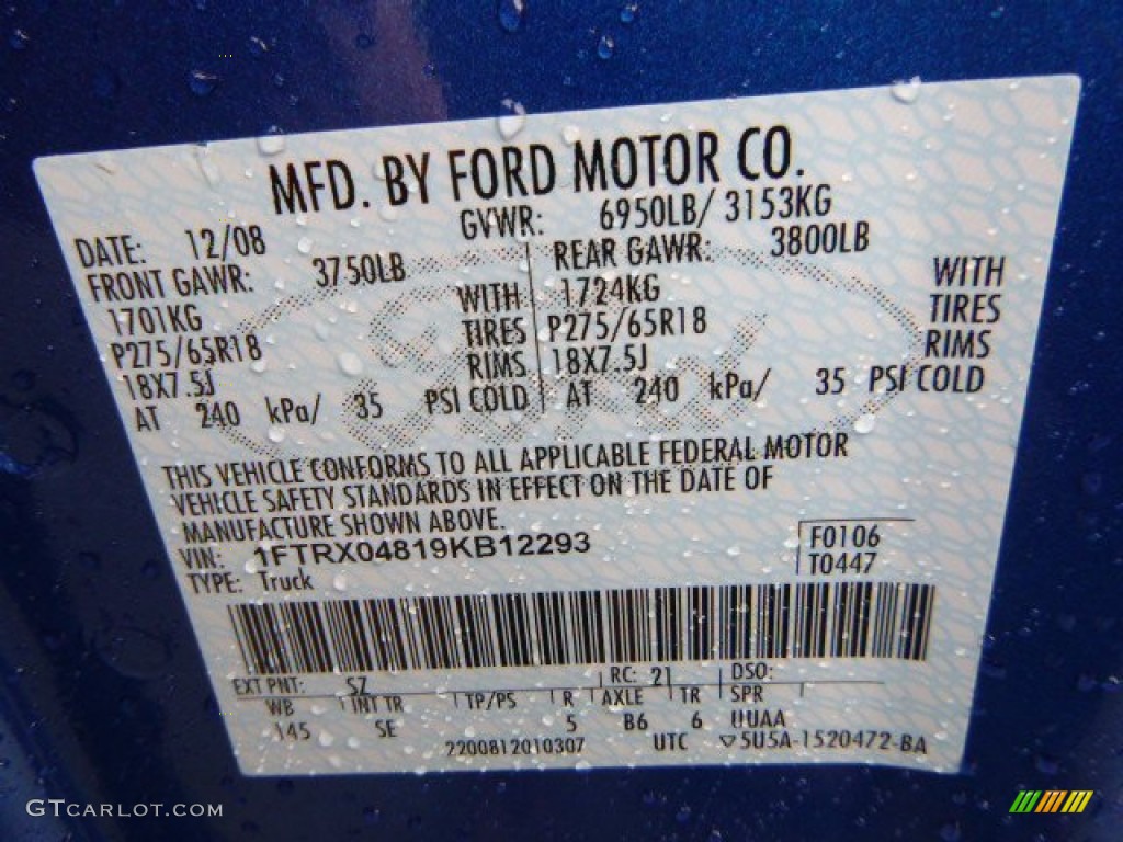 2009 Ford F150 STX SuperCab 4x4 Color Code Photos